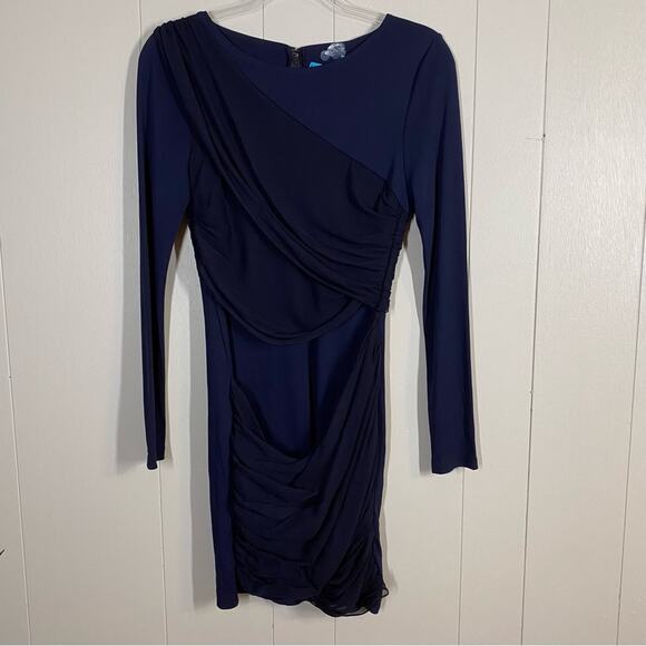 Alice + Olivia Navy Blue Long Sleeve Draped Overlay Goddess Silk Dress Size 10 - Picture 2 of 9